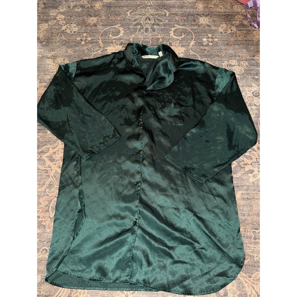 Vintage Victoria's Secret Green Satin Long Sleeve Button Up Sleep Shirt Gown